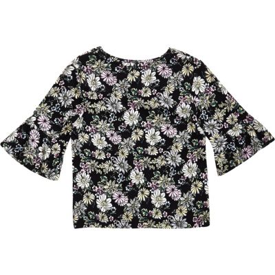 Mini girls floral print fluted sleeve top